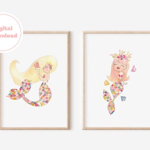 Zeemeerminprints met aquarelverf, perfect voor de meisjeskamer