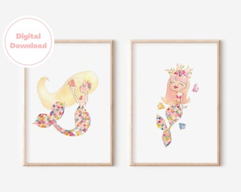 Watercolor Mermaid Prints, perfect for little girls room