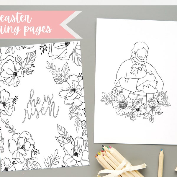 Easter Coloring Pages Instant Download, He is Risen, Jesus Coloring Page, Hand-Illustrated