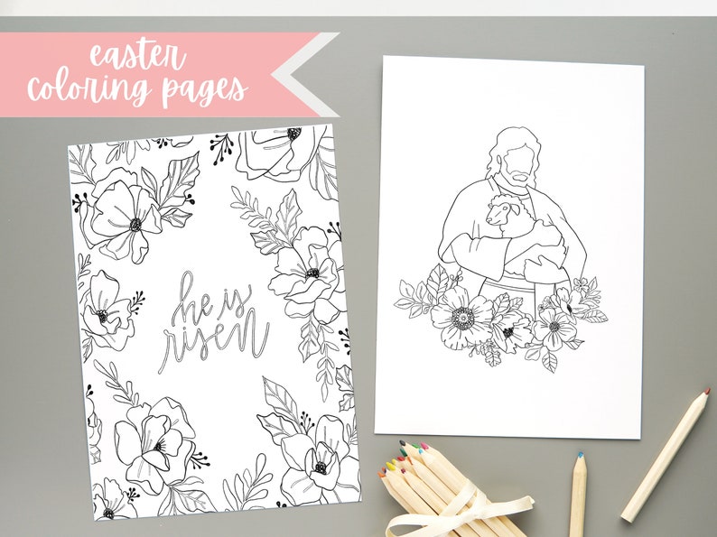 May include: Two black and white printable Easter colouring pages. One page features a floral design with the text "He is risen". The other page features a drawing of Jesus holding a lamb with floral accents.