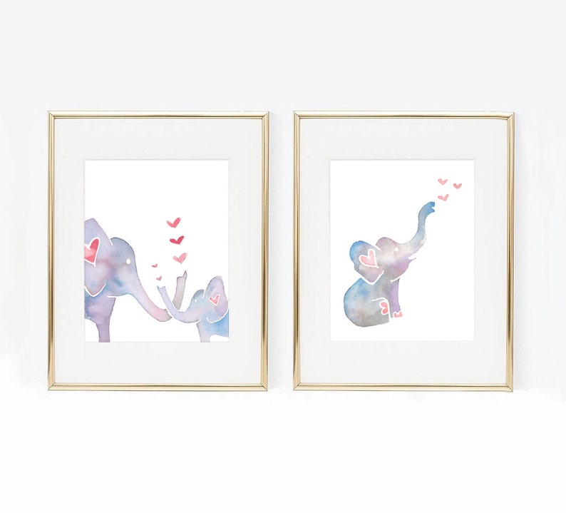 May include: Two watercolor paintings of elephants with pink hearts. The first painting shows a mother elephant and a baby elephant with hearts floating above them. The second painting shows a single elephant with hearts floating above its trunk.