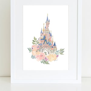 Disneyland Paris Castle Print, Disney Castle, Princess Castle with Watercolor Florals, Disneyland Paris Artwork