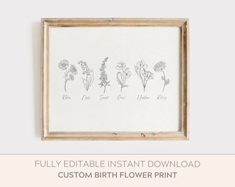 Affordable Mothers Day Gift, Birth Month Flower Print Fully Editable, Personalized Mother's Gift, Gift for Mom, Family Birth Flower Print