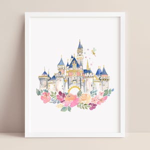 Sleeping Beauty's Castle, Disneyland Castle Print, Disney Land Castle featuring Watercolor Florals