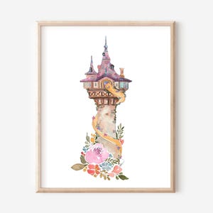 Rapunzel&#39;s Tower Watercolor Print, Tangled Art, Princess Artwork, Disney Castle