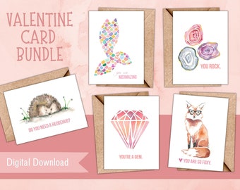 Valentine Card Downloadable Bundle, 5 Valentine Cards, Ready to Print, A2 Card size: 4.25x5.5 inches