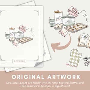 May include: A hand-drawn illustration of a cookbook page with the word "Desserts" at the bottom. The page features a mixer, a bowl of cookie dough, a baking sheet of cookies, a sugar bowl, a bowl of eggs, and a measuring cup. The illustration is in a watercolor style with pink, brown, and blue colors.