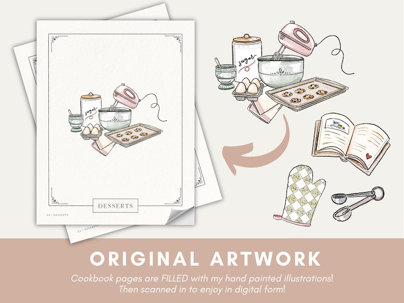 May include: A hand-drawn illustration of a cookbook page with the word "Desserts" at the bottom. The page features a mixer, a bowl of cookie dough, a baking sheet of cookies, a sugar bowl, a bowl of eggs, and a measuring cup. The illustration is in a watercolor style with pink, brown, and blue colors.