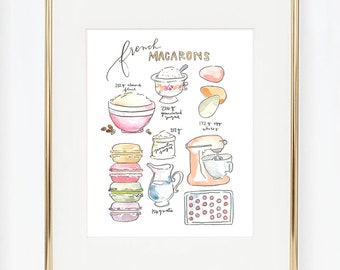 French Macaron Recipe, Watercolor Print