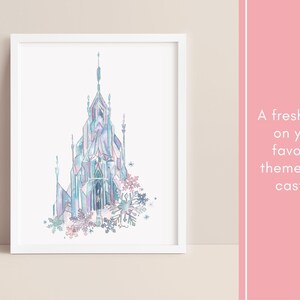 May include: Watercolor print of a castle in shades of blue, purple, and pink, framed in white. The castle is adorned with snowflake accents. Text on the right reads, "A fresh take on your favorite theme park castle!"