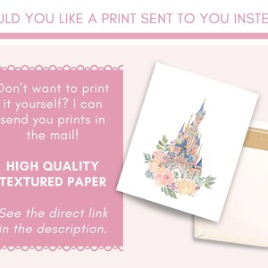 May include: A watercolor illustration of a pink castle with blue accents and a floral wreath. The illustration is printed on high quality textured paper and is ready to be mailed in a white envelope.