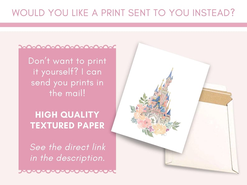 May include: A watercolor illustration of a pink castle with blue accents and a floral wreath. The illustration is printed on high quality textured paper and is ready to be mailed in a white envelope.