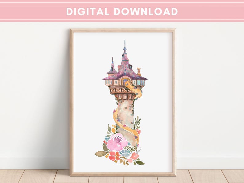May include: Watercolor illustration of a fairytale tower with a pink and purple roof, adorned with long, flowing blonde hair. The tower is decorated with flowers and foliage, set against a white background. The words "DIGITAL DOWNLOAD" are at the top.