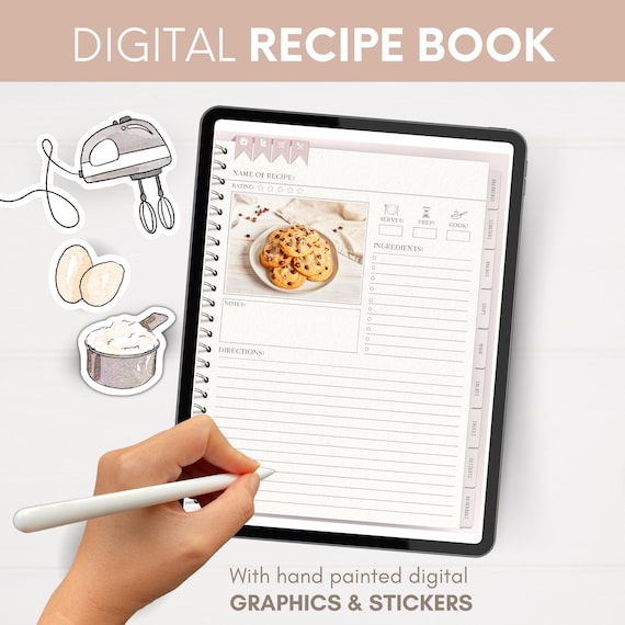 Digital recipe book goodnotes, goodnotes recipe, recipe journal goodnotes, goodnotes meal planner, Recipes Custom Illustrated, Recipe Ebook