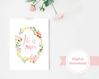 He is Risen Easter Print, Easter Decor, Easter Quote (Digital Download), Bible Verse Art, Matthew 28, Easter Watercolor