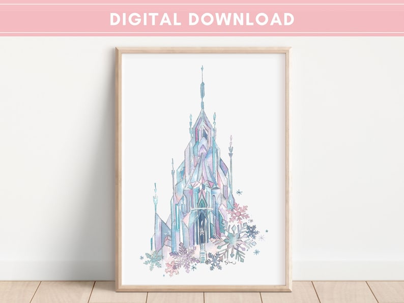 May include: Watercolor print of a castle in shades of blue, purple, and teal, framed in a light wood. The castle is adorned with snowflake accents. The words "DIGITAL DOWNLOAD" are at the top of the image.