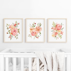 Floral Nursery Decor, Pink Floral Prints, Flower Arrangement Trio Pack, Watercolor Florals