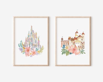 Disney Castle Bundle Set of 6 Disney Art Illustration Watercolor Bedroom  Nursery Decor 