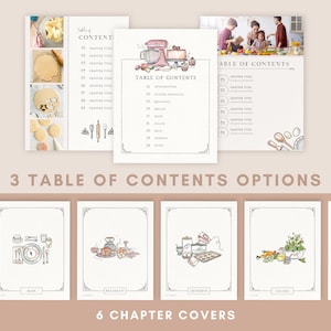May include: Three different table of contents page designs for a cookbook with illustrations of kitchen tools and food. Six different chapter cover designs with illustrations of kitchen tools and food.