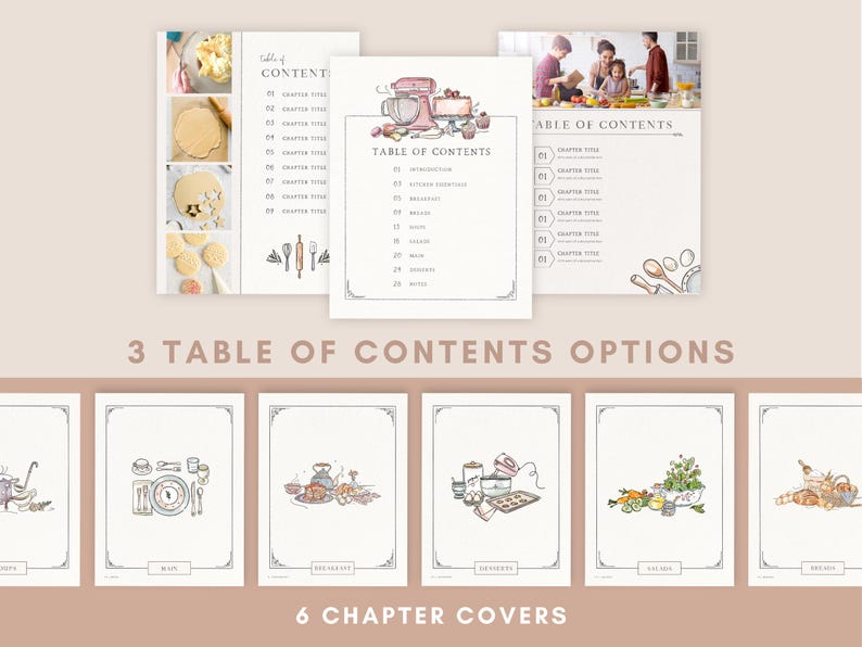 May include: Three different table of contents page designs for a cookbook with illustrations of kitchen tools and food. Six different chapter cover designs with illustrations of kitchen tools and food.