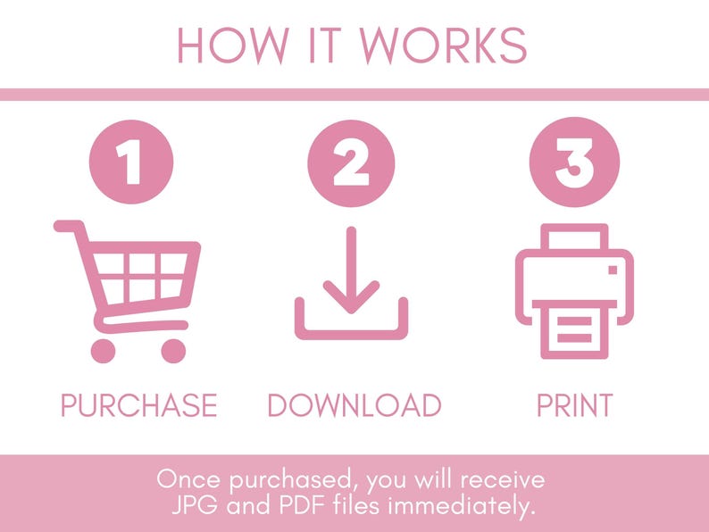 May include: Pink graphic illustrating the steps: purchase, download, and print. The text "HOW IT WORKS" is at the top. The steps are numbered 1, 2, and 3. Below the steps are the words "PURCHASE", "DOWNLOAD", and "PRINT".