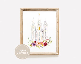 Salt Lake City Temple Artwork Download, Mormon Temples Watercolor Download, LDS Wedding Invitation, Baptism Artwork LDS, SLC Temple