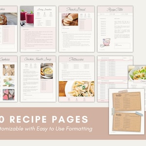 May include: Ten printable recipe pages with a pink and white design. The pages feature images of food, such as pancakes, French bread, and a Caesar salad. The text on the pages includes the titles "Pancakes", "Sugar Cookies", "Chicken Noodle Soup", "Fettuccini", and "Recipe Title".
