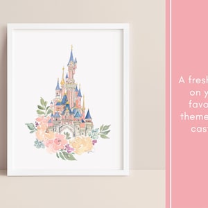 May include: Watercolor painting of a pink and blue castle with white towers and a floral wreath around the base. The castle is surrounded by a white frame.