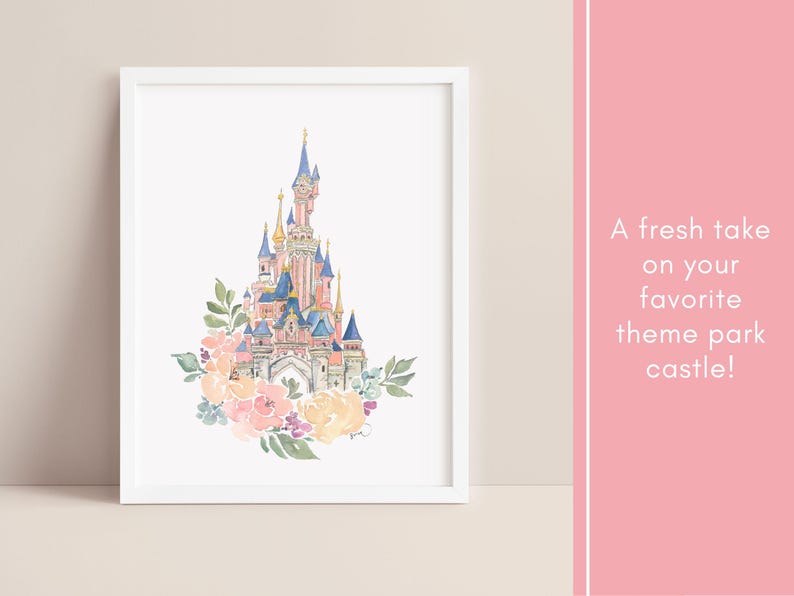 May include: Watercolor painting of a pink and blue castle with white towers and a floral wreath around the base. The castle is surrounded by a white frame.