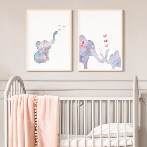 May include: Two watercolor paintings of elephants with hearts. The first painting shows a single elephant blowing hearts into the air. The second painting shows two elephants, one larger than the other, touching trunks with hearts floating between them.
