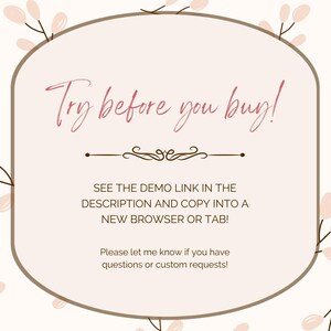 Pode incluir: Um fundo branco com uma moldura oval marrom e detalhes florais rosa. O texto dentro da moldura diz "Experimente antes de comprar!" e "Veja o link de demonstra&ccedil;&atilde;o na descri&ccedil;&atilde;o e copie para um novo navegador ou guia!"  "Por favor, avise-me se tiver alguma d&uacute;vida ou solicita&ccedil;&atilde;o personalizada!"