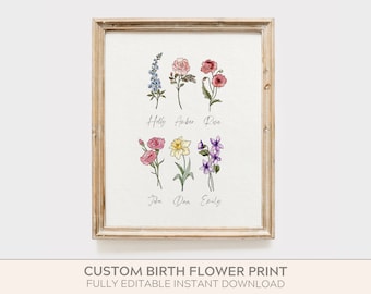 Combined Birth Flower, Affordable Mother's Day Gift, Birth Month Flower Print Fully Editable, Family Birth Flower Print, Gift for Mom