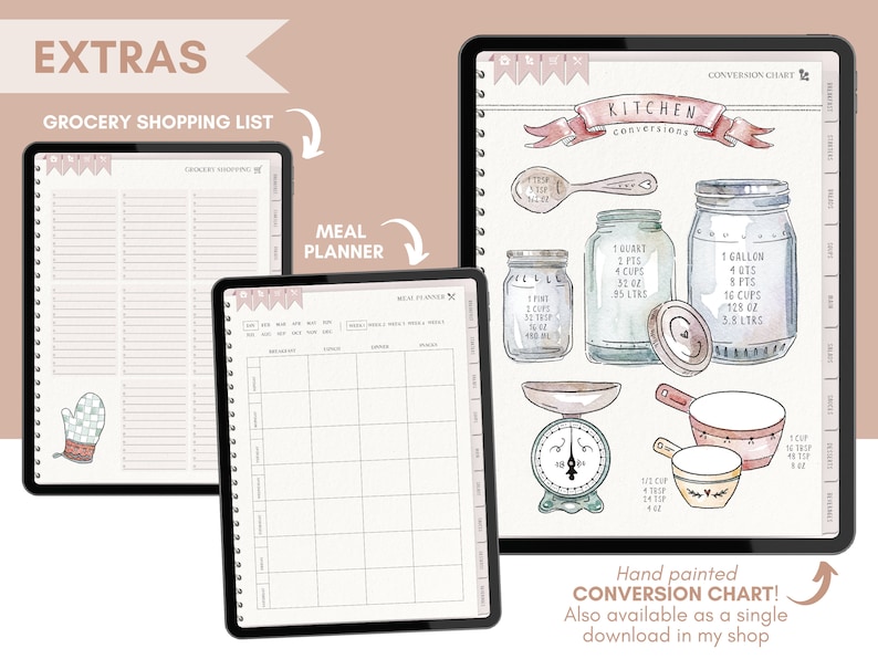 May include: A digital planner with a watercolor kitchen conversion chart. The chart includes measurements for quarts, gallons, cups, ounces, and liters. The planner also includes a grocery shopping list and a meal planner.
