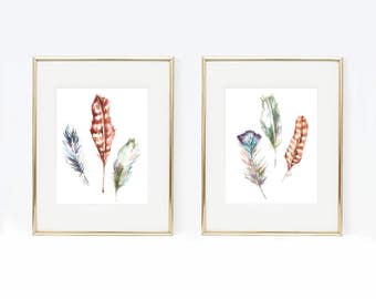 Duo Watercolor Feather Prints, two prints included