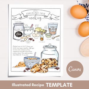 Receitas ilustradas personalizadas, modelo de receita Canva, receitas de e-book, download editável de biscoito de chocolate, receita personalizada pintada