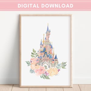 May include: A watercolor painting of a pink castle with blue towers and white accents. The castle is surrounded by a floral arrangement of pink, white, and yellow flowers.