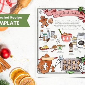Receitas Modelo de receita ilustrada personalizada, receitas de e-book, receita de biscoito de Natal editável para download, receita pintada personalizada, cartão de receitas