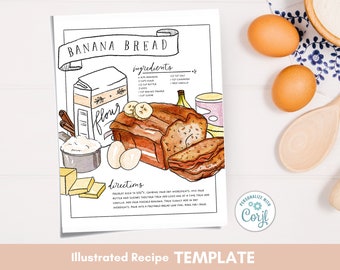 Recipes Custom Illustrated, Recipe Template, Ebook Recipes, Bread Editable Download, Custom Painted Recipe, Recipes Card