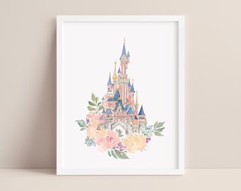 Disney Artwork, Disneyland Paris Castle Print, Disney Castle, Princess Castle with Watercolor Florals, Disneyland Paris Artwork