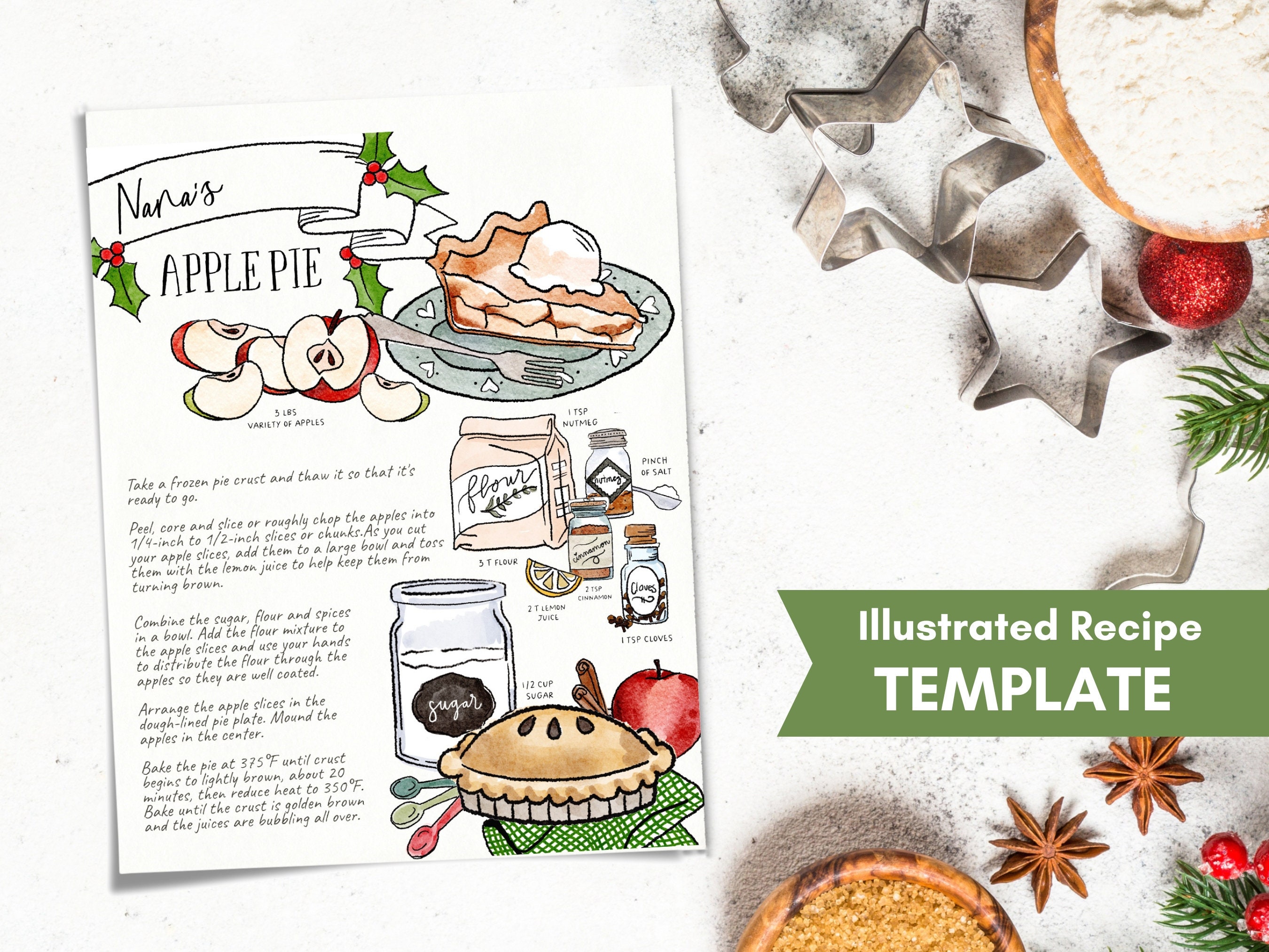Recipes Custom Illustrated Recipe Template, Ebook Recipes, Christmas Pies Recipe Editable Download, Custom Painted Recipe, Recipes Card
