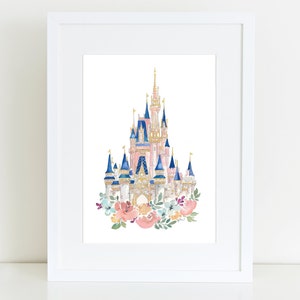 New Disney World Castle Watercolor Print in Pink Disney Castle, Princess Castle with Watercolor Florals, Pink Disney World image 2