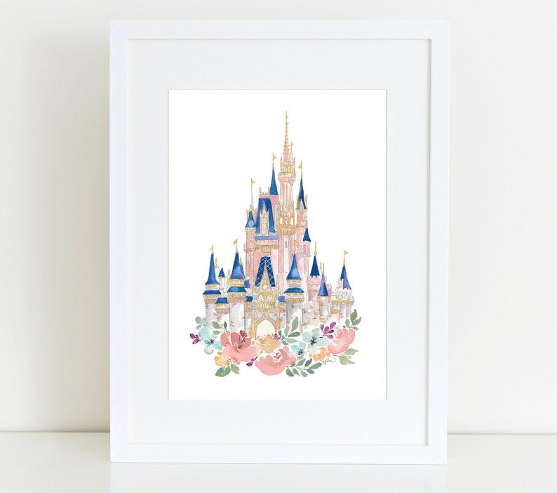 New Disney World Castle Watercolor Print in Pink Disney Castle, Princess Castle with Watercolor Florals, Pink Disney World image 2