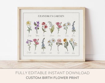 Grandmas Garden Picture, Affordable Mothers Day Gift, Birth Month Flower Print Fully Editable, Personalized Mother's Gift, Gift for Mom