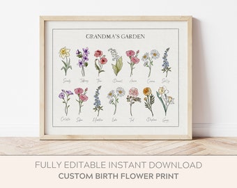 Combined Birth Flower, Grandmas Garden Picture, Affordable Mothers Day Gift, Birth Month Flower Print Fully Editable, Personalized Gift