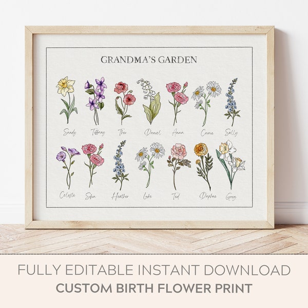 Combined Birth Flower, Grandmas Garden Picture, Affordable Mothers Day Gift, Birth Month Flower Print Fully Editable, Personalized Gift