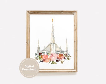 Dallas Texas Temple Artwork Download, Mormon Temples Watercolor Download, LDS Wedding Invitation, Baptism Artwork LDS