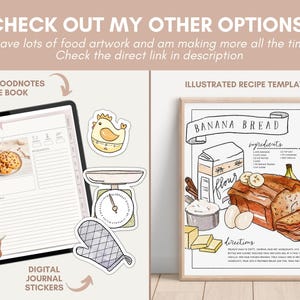 May include: A digital illustrated recipe template for banana bread. The template features a watercolor illustration of the ingredients and steps for making banana bread. The template is framed in a light wood frame and is ready to be printed and used.