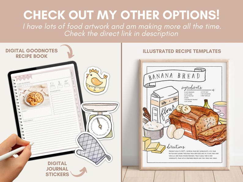 May include: A digital illustrated recipe template for banana bread. The template features a watercolor illustration of the ingredients and steps for making banana bread. The template is framed in a light wood frame and is ready to be printed and used.