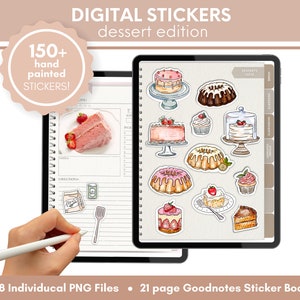 Peut inclure: Autocollants numériques pour Goodnotes avec 158 illustrations peintes à la main de desserts, notamment des gâteaux, des cupcakes et des pâtisseries. Les autocollants sont organisés en catégories sur une page de planificateur numérique.