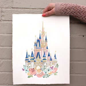 New Disney World Castle Watercolor Print in Pink Disney Castle, Princess Castle with Watercolor Florals, Pink Disney World image 3